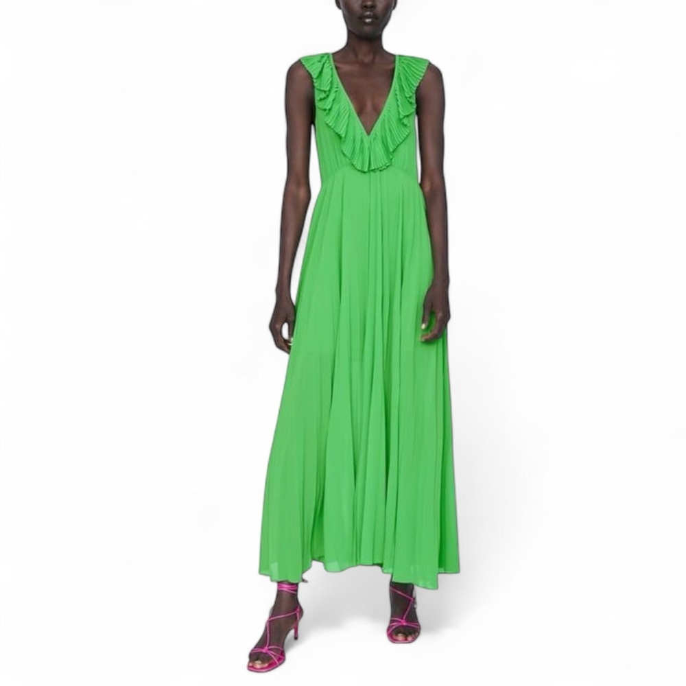Zara Green Pleated Maxi Dress Size Medium